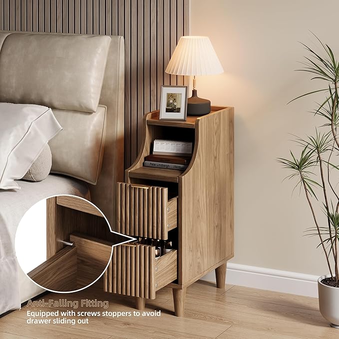 Fluted Nightstands Set of 2,Narrow Bedside Table with 2 Drawers & Storage, Farmhouse Walnut End Table Modern Side Table for Bedroom Livingroom Sofa Office