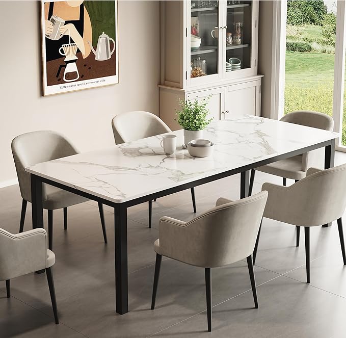 GarveeHome 78.7 in Industrial Dining Table for 6, Wooden Long Dinner Table with Mortise Tenon Design, Kitchen Table with Sturdy Metal Legs, for Dining Room Home Office Living Room, White