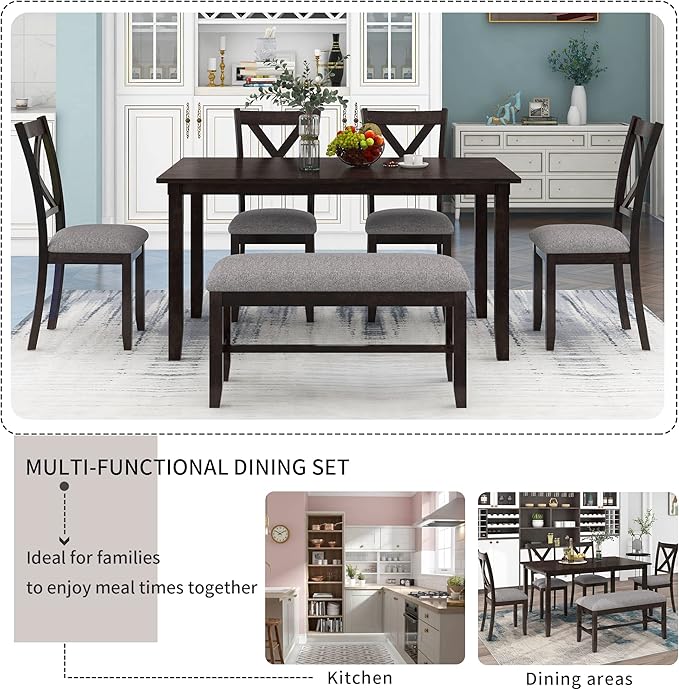 Harper & Bright Designs 6 Piece Kitchen Dining Table Set Wooden Rectangular Dining Table Set for 6, 4 Fabric Chairs and Bench Family Furniture (Espresso)