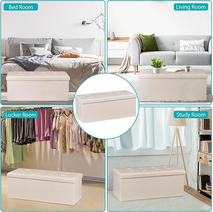 ZenStyle 43Inches Folding Storage Ottoman Bench, Faux Leather Footrest with Foam Padded Seat, Storage Long Shoes Bench for Living Room, Entryway, Bedroom, Holds up to 660 lbs (Beige, 43 inches)