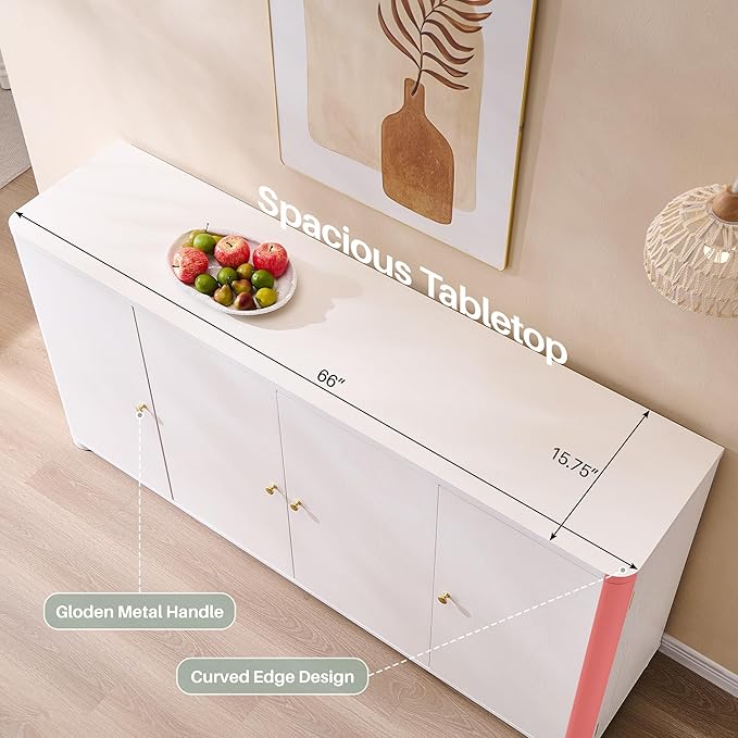 IFGET Curved Buffet Cabinet with Doors, 66" Large Sideboard Buffet Storage Cabinet with 4 Doors and Shleves, Modern Coffee Bar Station Wood Kitchen Table for Kitchen, Dining Room, White