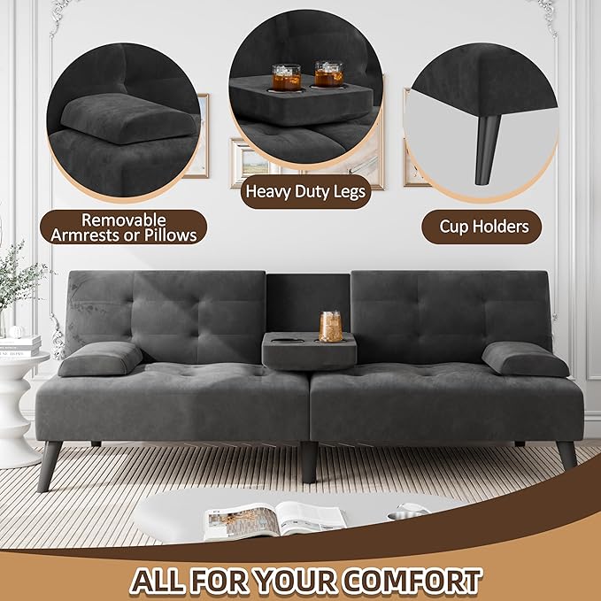 JAMFLY Futon Sofa Bed (Black Velvet)