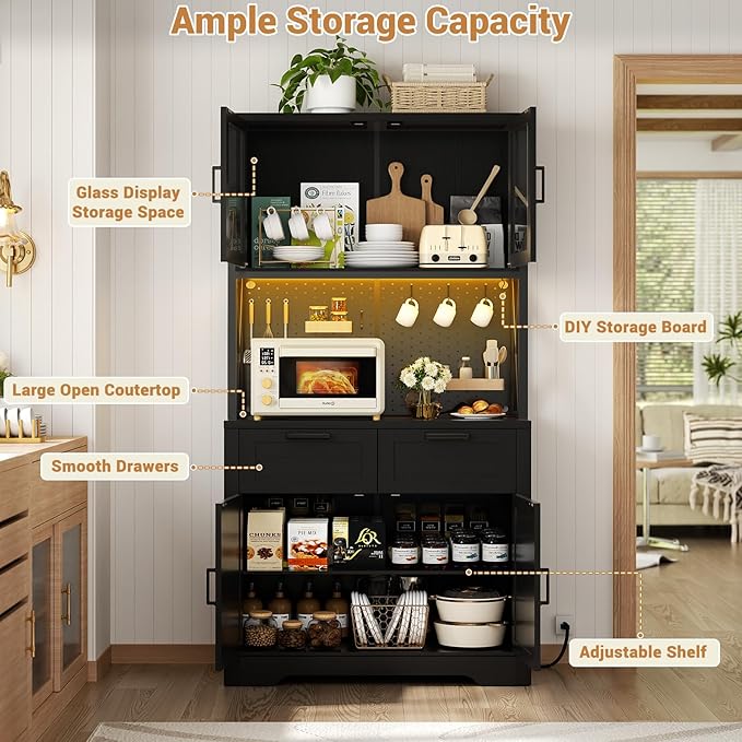 Unikito 71" Pantry Cabinet with LED Light & Outlet, Tall Kitchen Pantry Storage Cabinet with Microwave Stand, DIY Pegboard, Drawers and Adjustable shelf, Farmhouse Kitchen Hutch for Dining Room, Black