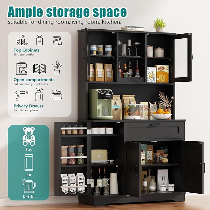 Vongrasig Tall Pantry Cabinet, Kitchen Storage Cabinet with Display Door,Farmhouse Kitchen Hutch with Adjustable Shelves for Dining Room, Black