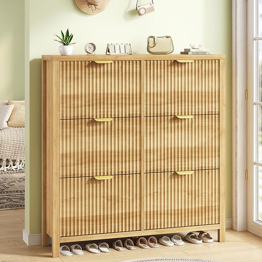 YOMILUVE 47.3" Shoe Cabinet Storage for Entryway, Fluted Shoe Cabinet with 6 Flip Drawers, Slim Shoe Rack Freestanding Wooden Shoe Organizer with Legs for Hallway, Oak