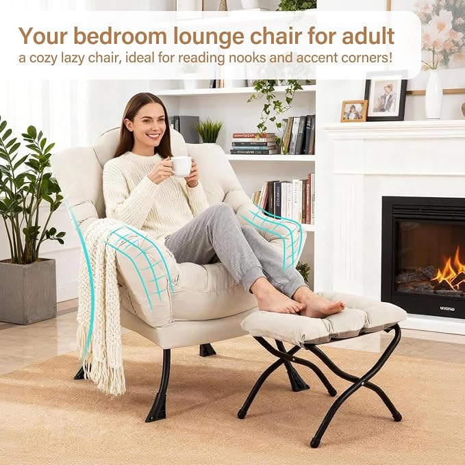Lazy Chair with Ottoman, Modern Accent Chair with Lumbar Pillow, Beige Sofa, Armchairs with Folding Footrest, Oversized Supportive Chairs for Bedroom, Reading