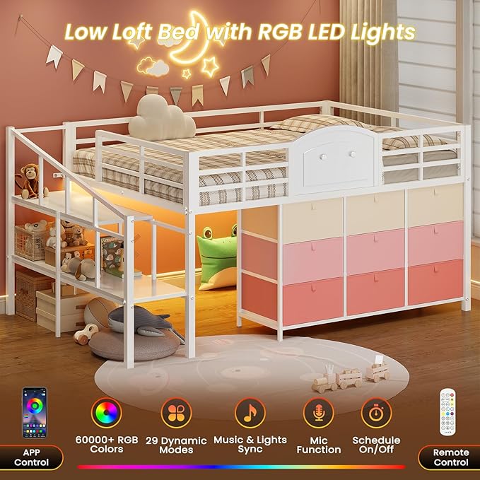 VIAGDO Low Loft Bed Full Size with 9 Storage Drawers and LED Lights, Metal Full Size Loft Bed with Stairway Shelf Storage, Low Loft Bed with Safety Guardrail and Under-Bed Hideaway for Kids, White
