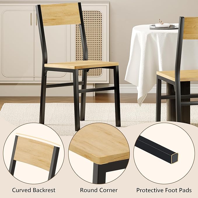 Feonase Dining Chairs and Benches Set of 4, Modern Dining Room Chairs with Ergonomic Backrest, Wood Structure & Metal Legs, for Kitchen, Dining Room, Space-Saving, Easy to Assemble & Clean, Natural