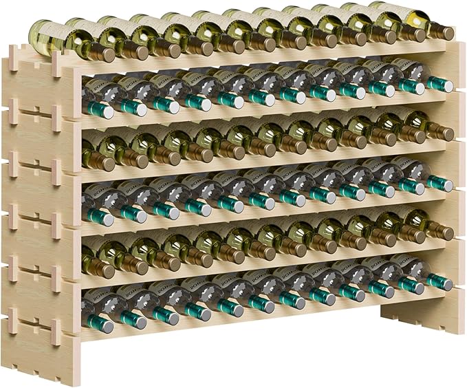 72 Bottles Stackable Modular Wine Rack, 6-Tier 72 Slots Floor Wine Storage Stand Wooden Wine Holder Display Shelves, Wobble-Free, Solid Wood, Floor Free Standing