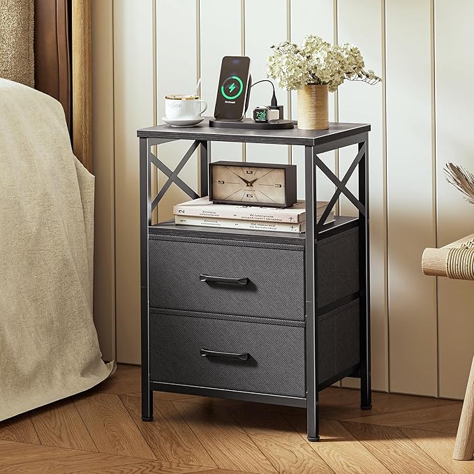 Huuger Night Stand with Charger Station, 2 Drawer Nightstand with Open Shelf, Bed Side Table with USB-C Port, End Table, Compact Size for Small Spaces, X Shaped Side Rail, Black
