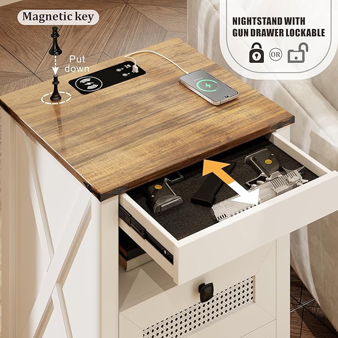 Bedside Table Set of 2 with Charger Station, Night Stand with Gun Drawer, LED Nightstand with Human Sensor Light, Farmhouse End Table for Bedrooms Living Room, White