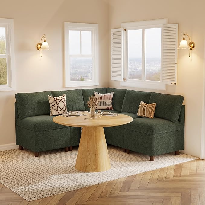 SITJOY Breakfast Nook Bench with Storage, Modular Corner Kitchen Banquette Seating, Dining Settee Couch, Upholstered Dining Bench with Back, Soft-to-Touch Fabric in Green, 5-Seat L Shaped Nook
