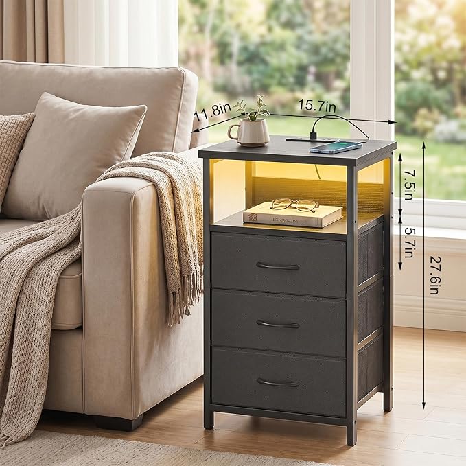 Fixwal Night Stand with 3 Fabric Storage Drawers, LED Nightstand with Charging Station, Bedside Table, Black