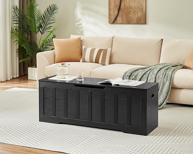 VANKILEY 51.2" Storage Chest Extra Large,Storage Bench with 2 Safety Hinges,Shoe Bench,51.2 * 15.7 * 19.1 inches,Wooden Trunk for Bedroom,livingroom,entryway,Supports 220 lb,Easy Assembly(Black).