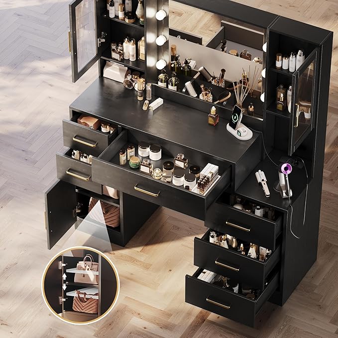 TOKSOM Makeup Vanity Desk with Mirror and Lights, 51" Makeup Vanity with Lights & Charging Station, Dressing Table Vanity Set for Bedroom, Vanity Table with 6 Drawers and 3 Cabinet Black