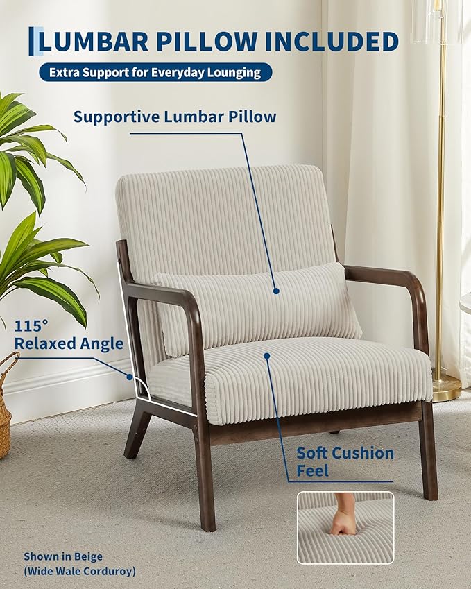 Garvee Mid-Century Modern Accent Chair, Sherpa Upholstery, Solid Wood Armchair with Removable Lumbar Pillow, Sturdy Reading Chair for Living Room, Bedroom, Guest Room, Easy Assembly, Beige