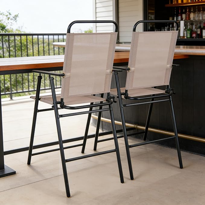 COSTWAY Outdoor Folding Bar Chairs Set of 2, 24 Inch Counter Height High Top Chairs with Metal Frame, Armrest & Footrest, Patio Barstools for Balcony, Poolside, Backyard, Beige