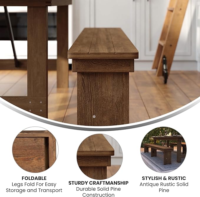 Flash Furniture Hercules Series 8' x 12' Commercial Grade Rustic Solid Pine Folding Bench, Antique Farmhouse 3 Leg Dining Bench, Seats up to 4 Adults