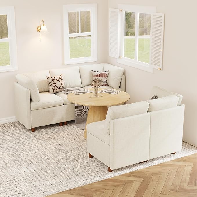 SITJOY Breakfast Nook Bench with Storage, Modular Corner Kitchen Banquette Seating, Dining Settee Couch, Upholstered Dining Bench with Back, Soft-to-Touch Fabric in Beige, 5-Seat L Shaped Booth
