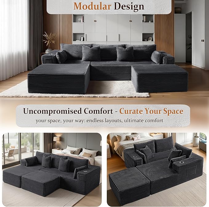 108" Oversized Cloud Sectional Couch, Comfort U Shaped Boneless Couch for Living Room, Extra Deep Seats No Assembly, Modular Sofa, Corduroy (Dark Grey, 2 Seater + Left Facing Chaise + Ottoman)