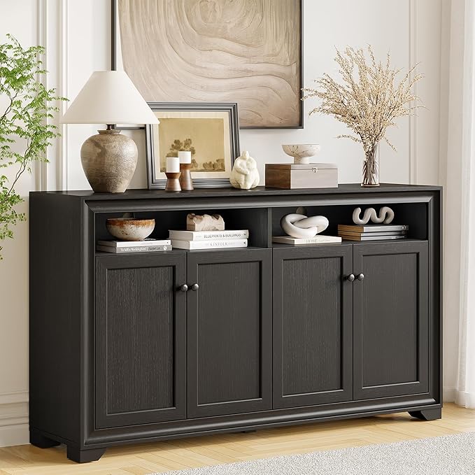 ONBRILL 60 Inches Sideboard Buffet Cabinet with Storage, 4 Doors Large Sideboard, Kitchen Cabinet with Open Shelf & Adjustable Shelf, Kitchen Coffee Bar Console Table for Living Room, Hallway, Black