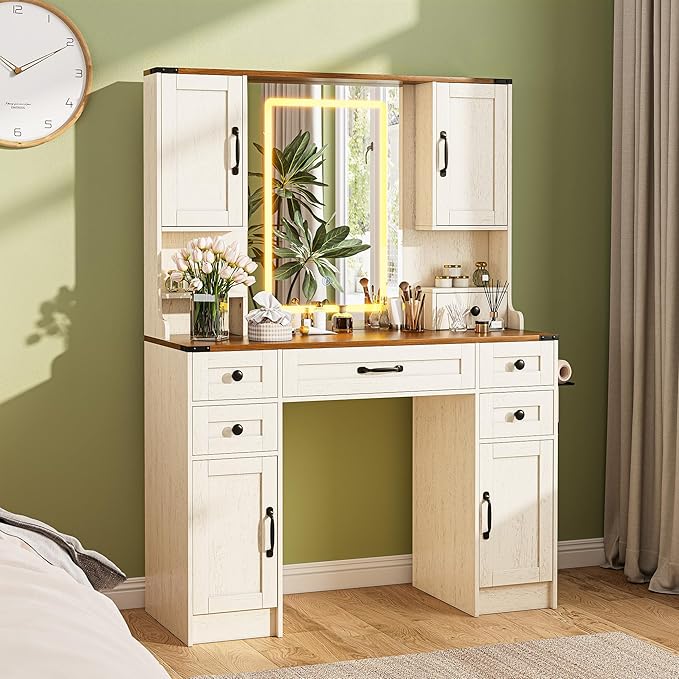 KAMABOKO Rustic Farmhouse Vanity Desk with Adjustable LED Mirror, Makeup Dressing Table with 5 Drawers 4 Cabinets & Built-in Power Outlet, Retro Storage Vanity for Bedroom & Dressing Room(045 Brown)