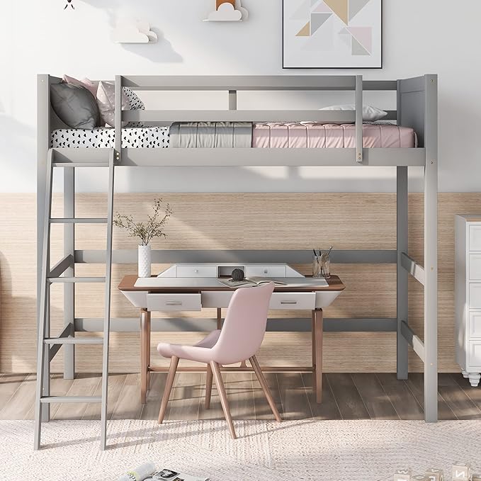 Merax Twin Size Junior Loft Bed with Slide Wood Loft Bunk Bed for Girls Boys,Space Saving Gray