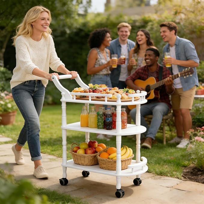 Entertainment Kitchen Cart, Midcentury Modern Imported rubberwood White Finished Wood 3-Tier Mobile Bar Cart Serving Cart