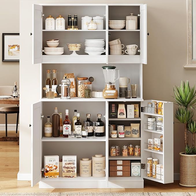 ONBRILL 71" Tall Kitchen Pantry Storage Cabinet with Microwave Stand & Door Shelf, Freestanding Kitchen Hutch with 6 Doors and Adjustable Shelves, Modern Food Pantry for Dining Room, White