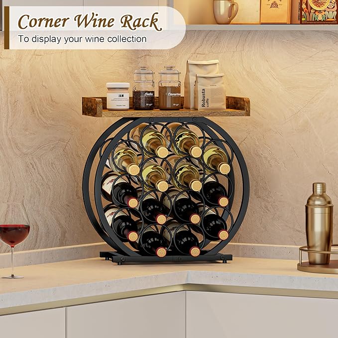 X-cosrack 14 Bottles Countertop Wine Rack with Wooden Tabletop, Round Metal Freestanding Wine Storage Holder, Wine Racks Countertop Wine Bottle Organizer Display Stand for Pantry Home Kitchen Bar
