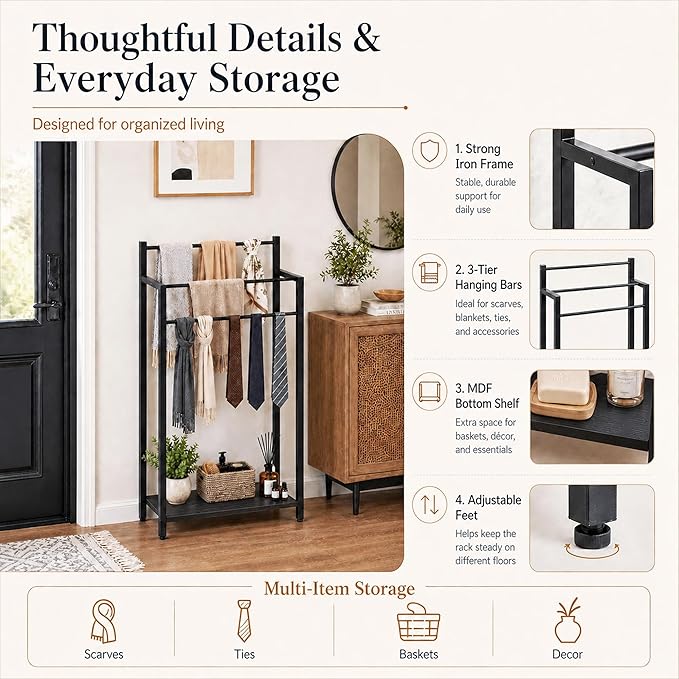 Freestanding Towel Rack, 3 Tier Blanket Ladder Stand with Black Wooden Shelf for Bathroom Living Room (31.5" H x 16.9" W x7.9 D)