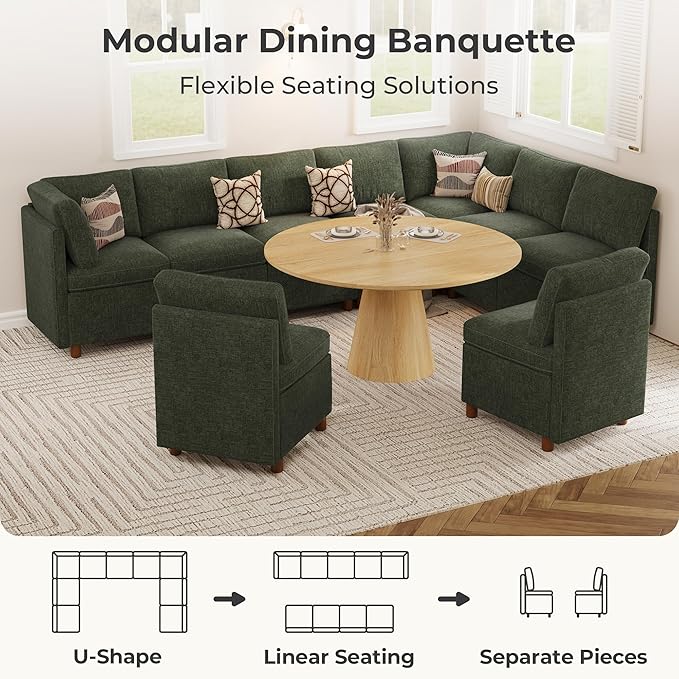 SITJOY Breakfast Nook Bench with Storage, Modular Corner Kitchen Banquette Seating, Dining Settee Couch, Upholstered Dining Bench with Back, Soft-to-Touch Fabric in Green, 9-Seat U Shaped Nook