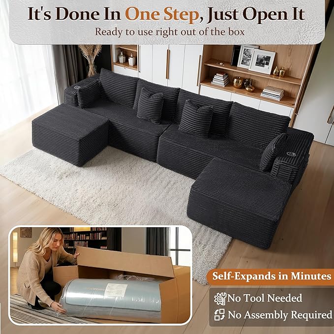 138" Cloud Sectional Couch, Comfort U Shaped Sofa for Living Room, Extra Deep Seats No Assembly, Minimalist Modular Couch, Corduroy (Black, 6 Seats,U-Shape A)