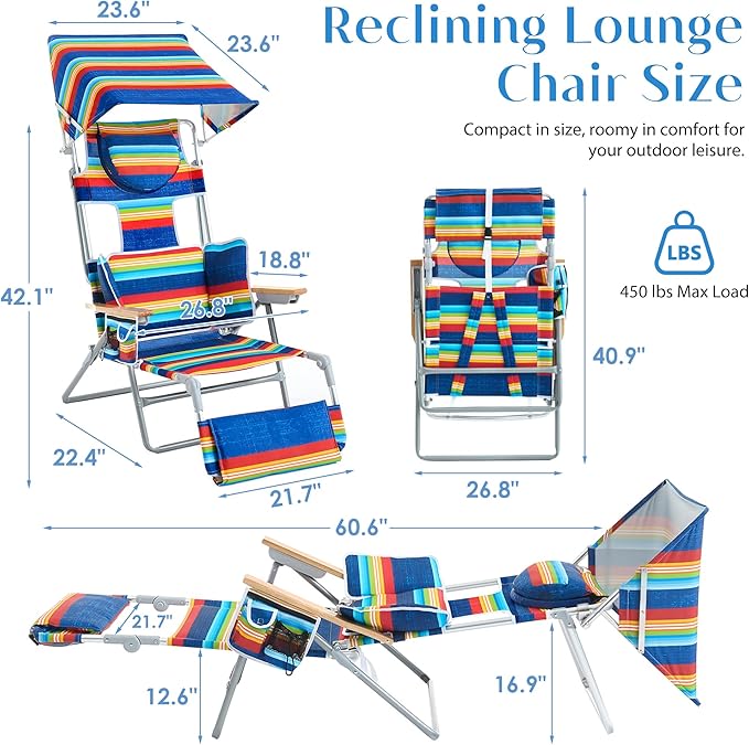 5-Positon Backpack Beach Chair, Portable Folding Tanning Chair, Double Shoulder Straps Beach Lounge Chair with Footrest, Face Hole, Towel Bar (Rainbow, 60.6" with Canopy)