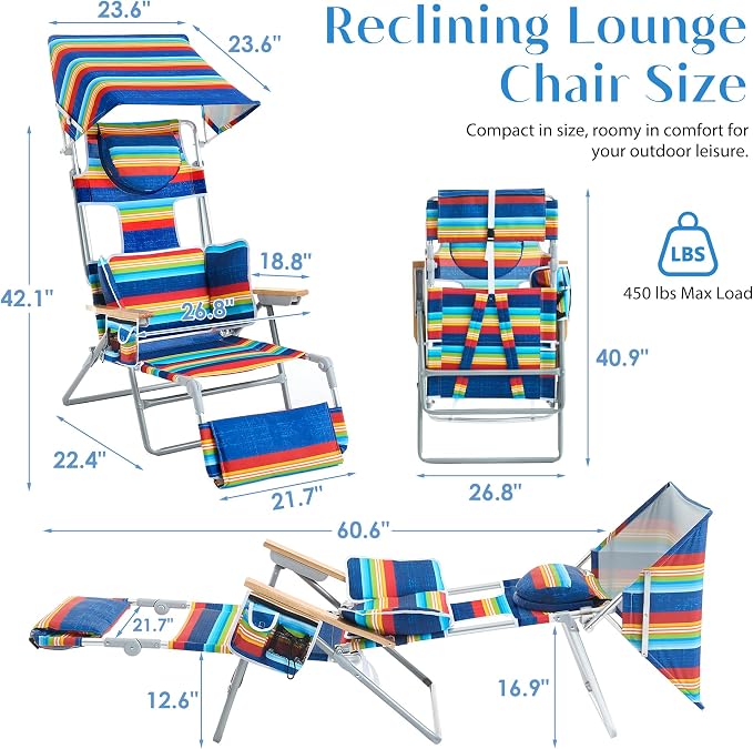 5-Positon Backpack Beach Chair, Portable Folding Tanning Chair, Double Shoulder Straps Beach Lounge Chair with Footrest, Face Hole, Towel Bar (Red Blue, 60.6" with Canopy (Set of 2))