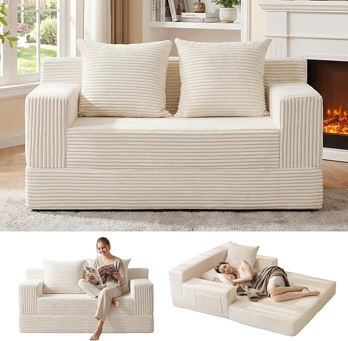 Erament Convertible Sofa Bed, Loveseat Folding Floor Futon Sleeper Sofa Couch Bed- Boneless Foldable Couch, Corduroy Pull Out Sofa Bed with 2 Pillows for Living Room & Bedroom