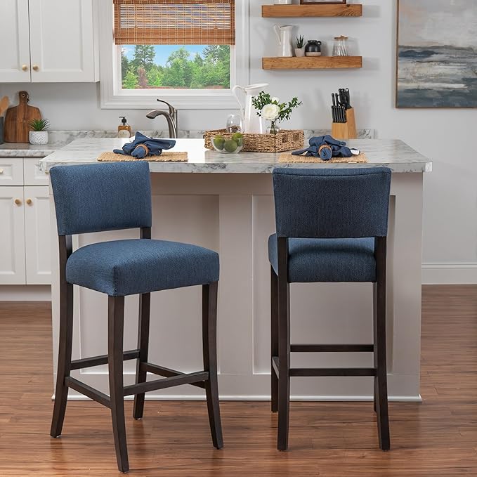 Linon Boone Blue and Brown Fully Assembled 30 Inch Seat Height Barstool Set of 2 with Extra Padded Seat