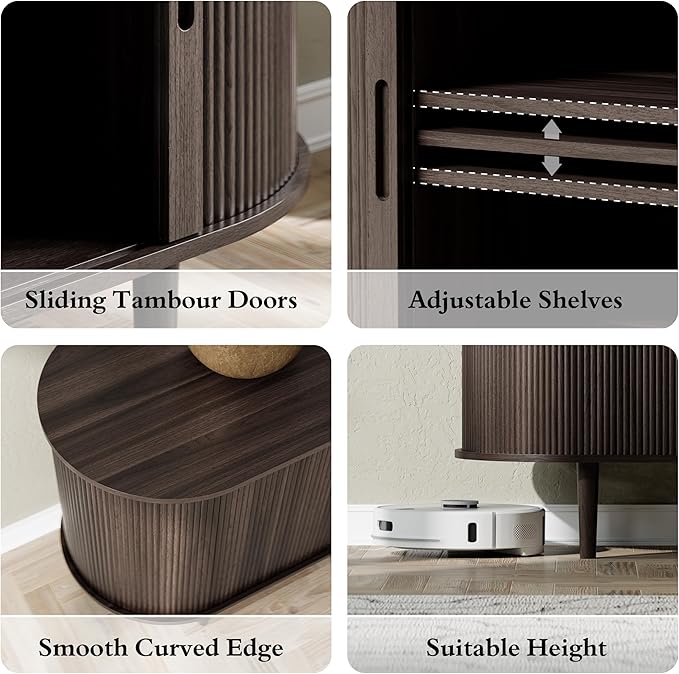 DHH 71" Fluted TV Stand with Power Outlet for TVs up to 80", TV Console with Adjustable Shelves and Sliding Door,Mid Century Modern Entertainment Center for Living Room,Bedroom (Dark Walnut, 71Inch)