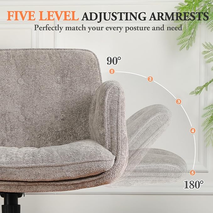 Criss Cross Chair with Lumbar Airbag & Folding Arms Relieve Back Pain, Wide Cross Legged Office Chair for Home Office, Comfy Swivel Desk Chair with Wheels, 5 Level Adjustable Armrest, Chenille(Grey)
