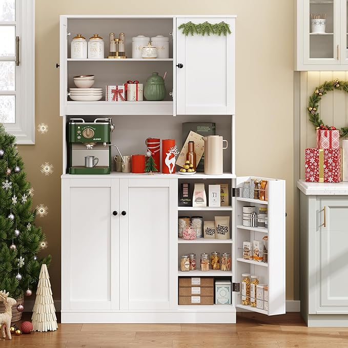 ONBRILL 71" Tall Kitchen Pantry Storage Cabinet with Microwave Stand & Door Shelf, Freestanding Kitchen Hutch with 6 Doors and Adjustable Shelves, Modern Food Pantry for Dining Room, White