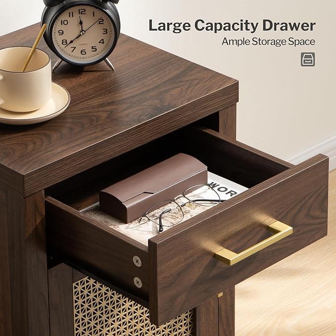 SICOTAS Tall Nightstands Set of 2 with Drawer, Mid Century Modern Wooden Night Stand Rustic Bedside Tables with Storage, Vintage End Tables with Metal Mesh Door for Bedroom, Espresso Walnut