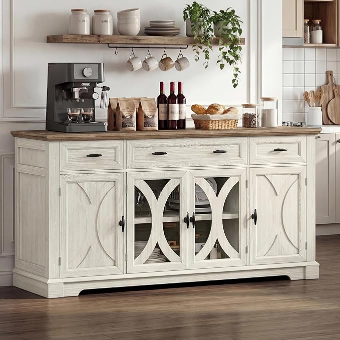 Einhomn 64" Farmhouse Sideboard Cabinet with 3 Drawers and 4 Doors, Buffet Cabinet with Adjustable Shelves and Curved Glass Doors, Large Storage Cabinet for Dining Room, Living Room, Kitchen,White