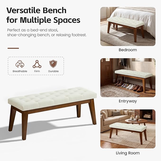 43.5" Upholstered Bedroom Bench, Linen Entryway Bench with Solid Wood Legs, End of Bed Bench with Cushion, Tufted Button Dining Bench for Living Room, Bedroom, Hallway, Beige