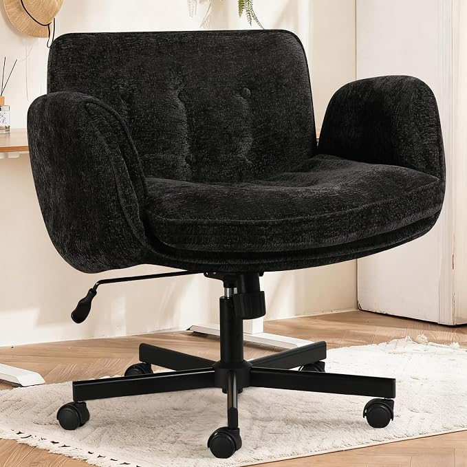 Criss Cross Chair with Wheels & Arms, Chenille Cross Legged Office Chair with 5-level Folding Armrest, Comfortable Adjustable Swivel Vanity Chair for Home, Make Up, Bed Room, Office, Accent (Black).