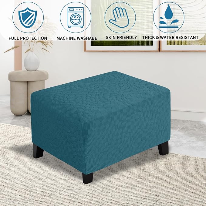 ZNSAYOTX 2026 Rectangle Ottoman Cover (L:28"-34") Super Stretch Soft Footrest Slipcover Form Fit, Universal Folding Foot Stool Covers with Non-Slip Elastic Band, Fashion Jacquard Texture, Teal