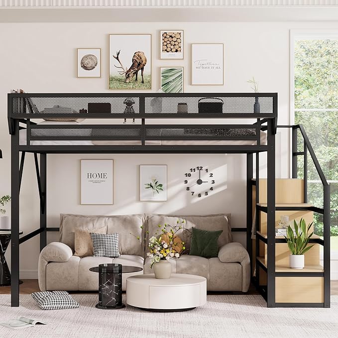 Mirightone Full Size Loft Bed with Stairs and Storage, Metal Loft Bed Frame with Bedside Shelf and Large Under-Bed Space, Heavy-Duty Bed for Adults Teens and Kids, Convertible Staircase, Black