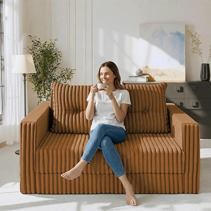 HABUTWAY 41.3" Loveseat Boneless Couch, 4-in-1 Convertible Sofa Bed, Plush Fur Folding Futon Sofa Bed Couches with a Pillow for Living Room, High-Density Foam Support, No Assembly Required, Orange