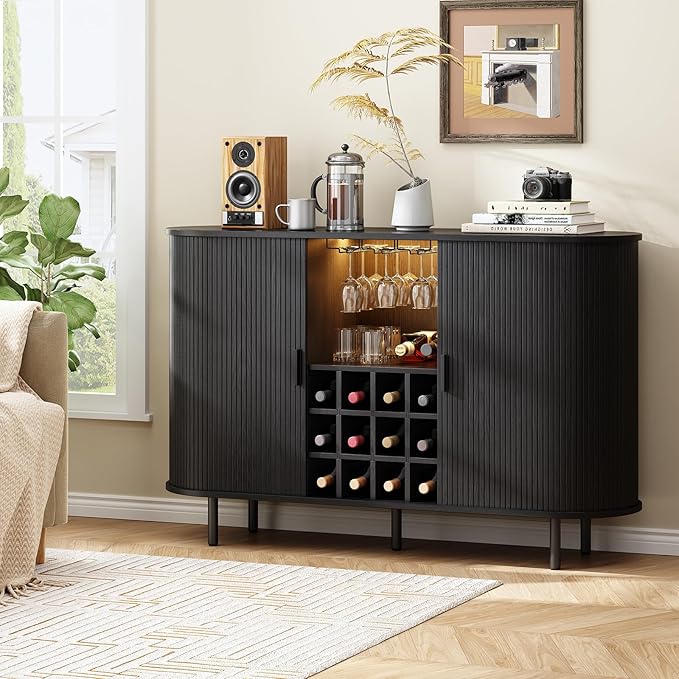 ONBRILL 55" Wine Bar Cabinet with LED Light,Modern Liquor Whiskey Coffee Station with Wine Rack and Glass Holder, Farmhouse Buffet Sideboard with Storage for Living Room, Kitchen, Entryway (Black)