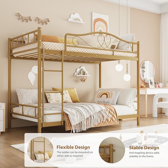 IDEALHOUSE Bunk Bed Twin Over Twin with Ladder & Full Safety Guardrail, Heavy Duty Metal Twin Over Twin Bunk Bed 400 Lbs Load Capacity, Space-Saving, Noise Free, No Box Spring Needed, Easy Assembly, G