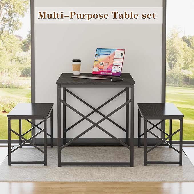 VECELO 43.3" Kitchen Dining Table Set for 4, Heavy-Duty Steel Frame & Wood-Grain Tabletop, Space-Saving Dinette Sets with 2 Benches for Breakfast Nook and Small Space, Black